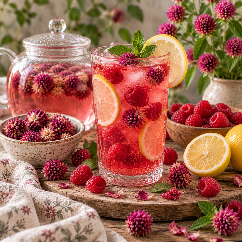 Globe Amaranth raspberry and lemon cooler with dried Gomphrena globosa flowers, fresh raspberries, lemon and ice