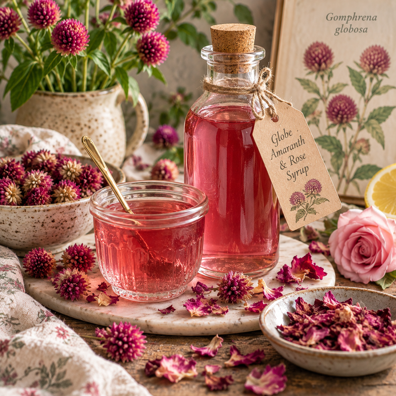 Globe Amaranth and rose floral syrup with dried Gomphrena globosa flowers, rose petals and lemon
