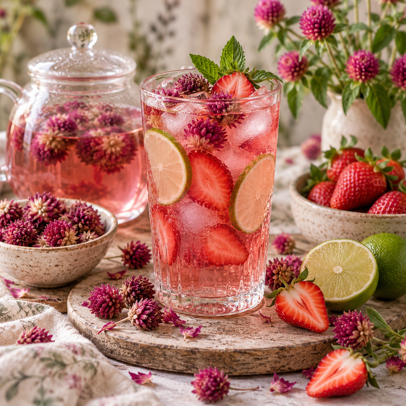 Globe Amaranth strawberry and lime iced tea with dried Gomphrena globosa flowers, fresh strawberries, lime and ice