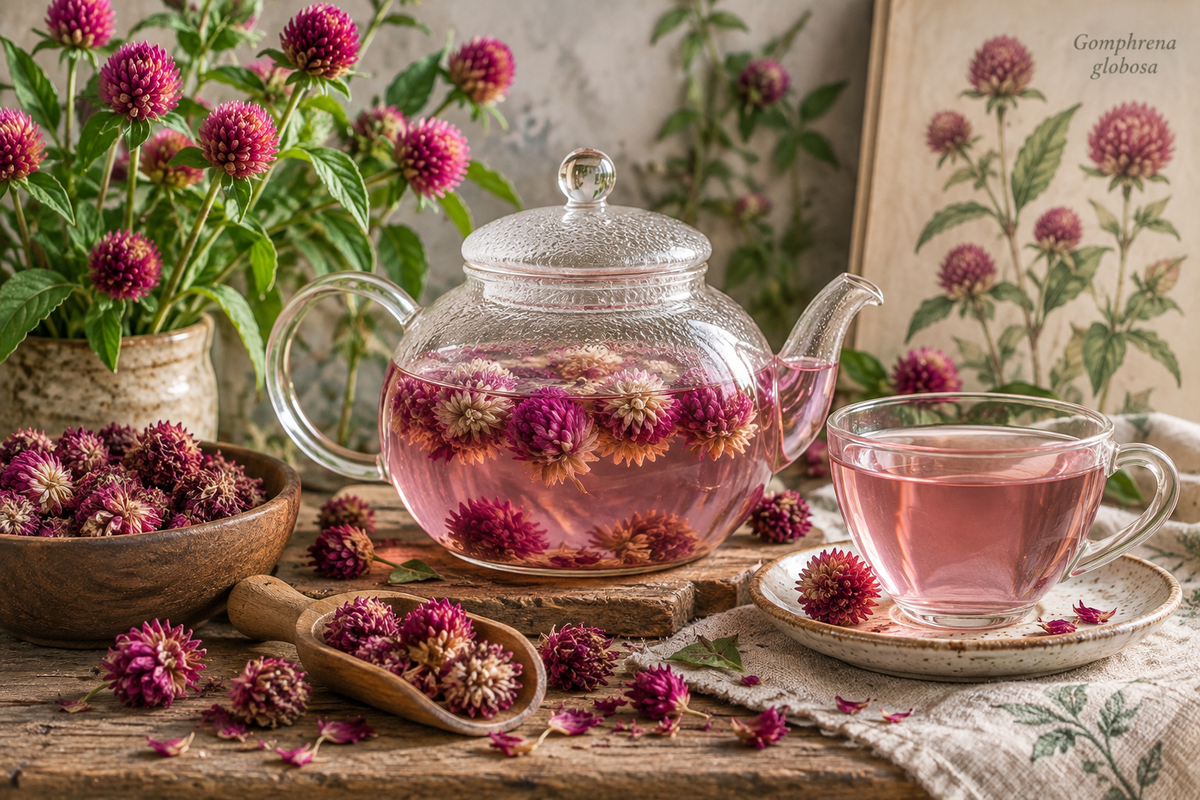 Globe Amaranth tea preparation with dried Gomphrena globosa flowers steeping in a glass teapot and a finished pink floral infusion