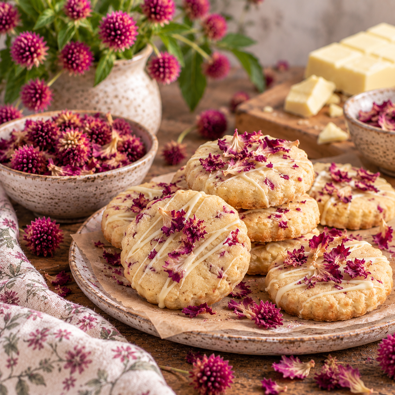 Globe Amaranth and white chocolate shortbread with dried Gomphrena globosa petals and white chocolate drizzle