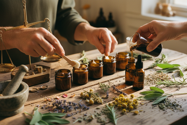 hands-carefully-filling-botanical-creams-and-tinctures-into-jars-and-bottles-beside-brass-scales-and-mortar-and-pestle
