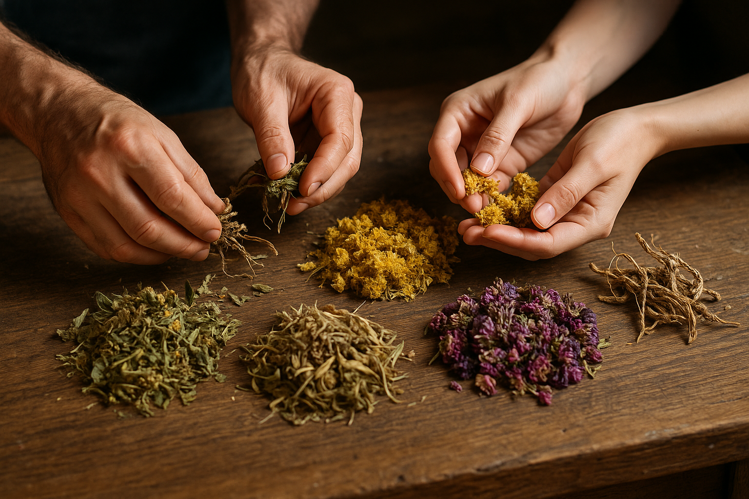 HD Photo realistic image is of a man and a womens hands working with dried herbs. 