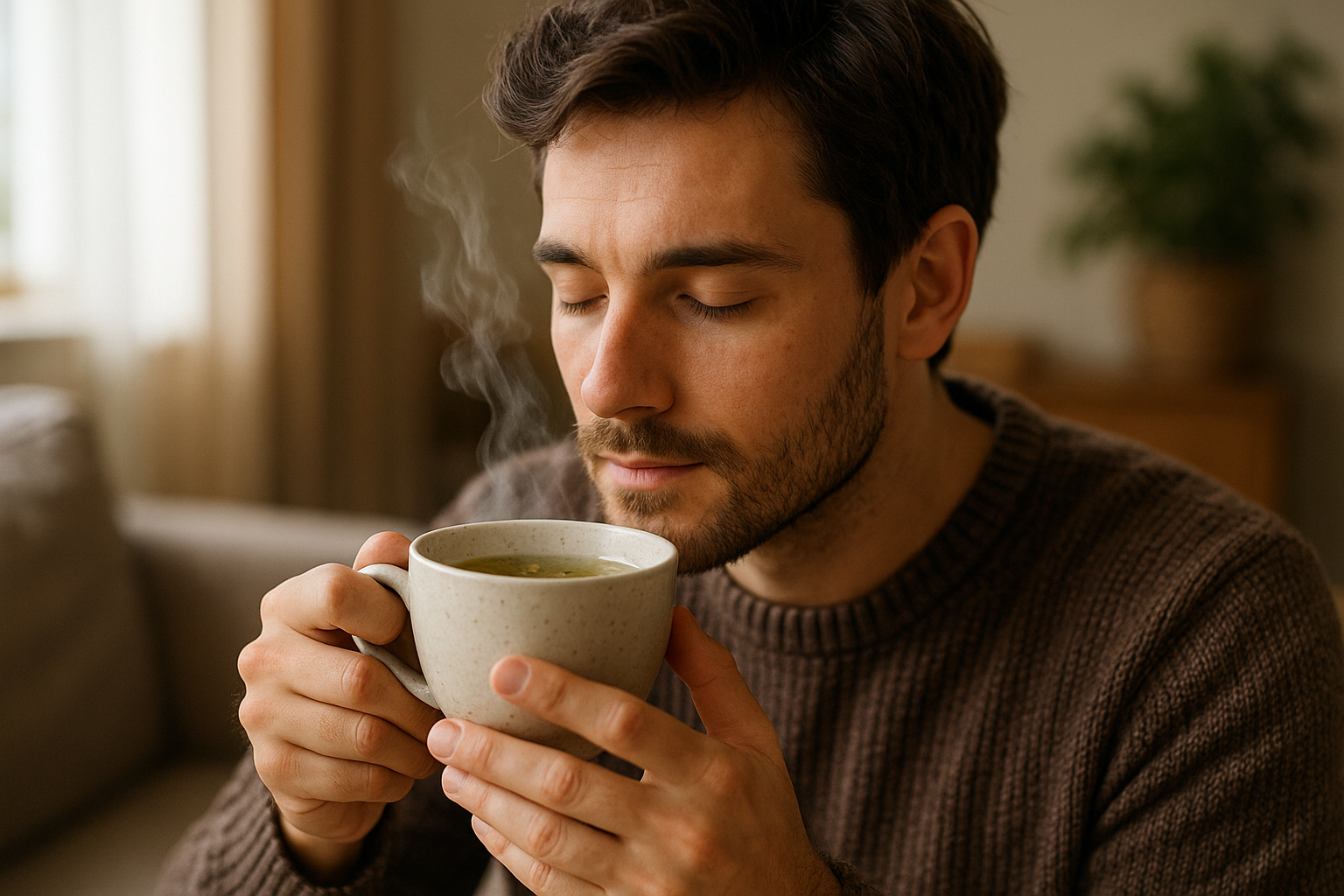 HD photo realistic lifestyle image of a man drinking a cup of herbal tea