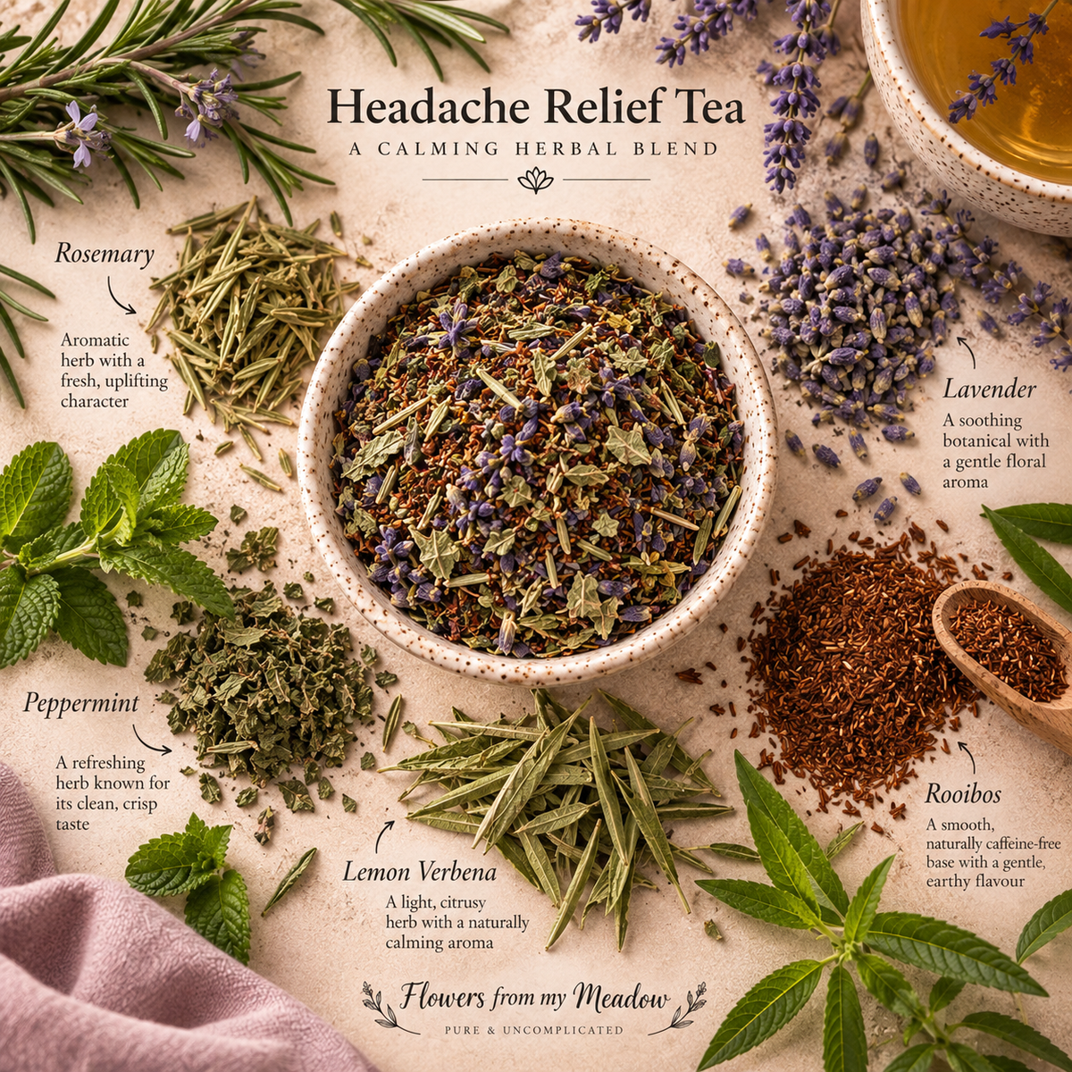 Headache Relief Tea botanical blend with rosemary, lavender, peppermint, lemon verbena and rooibos