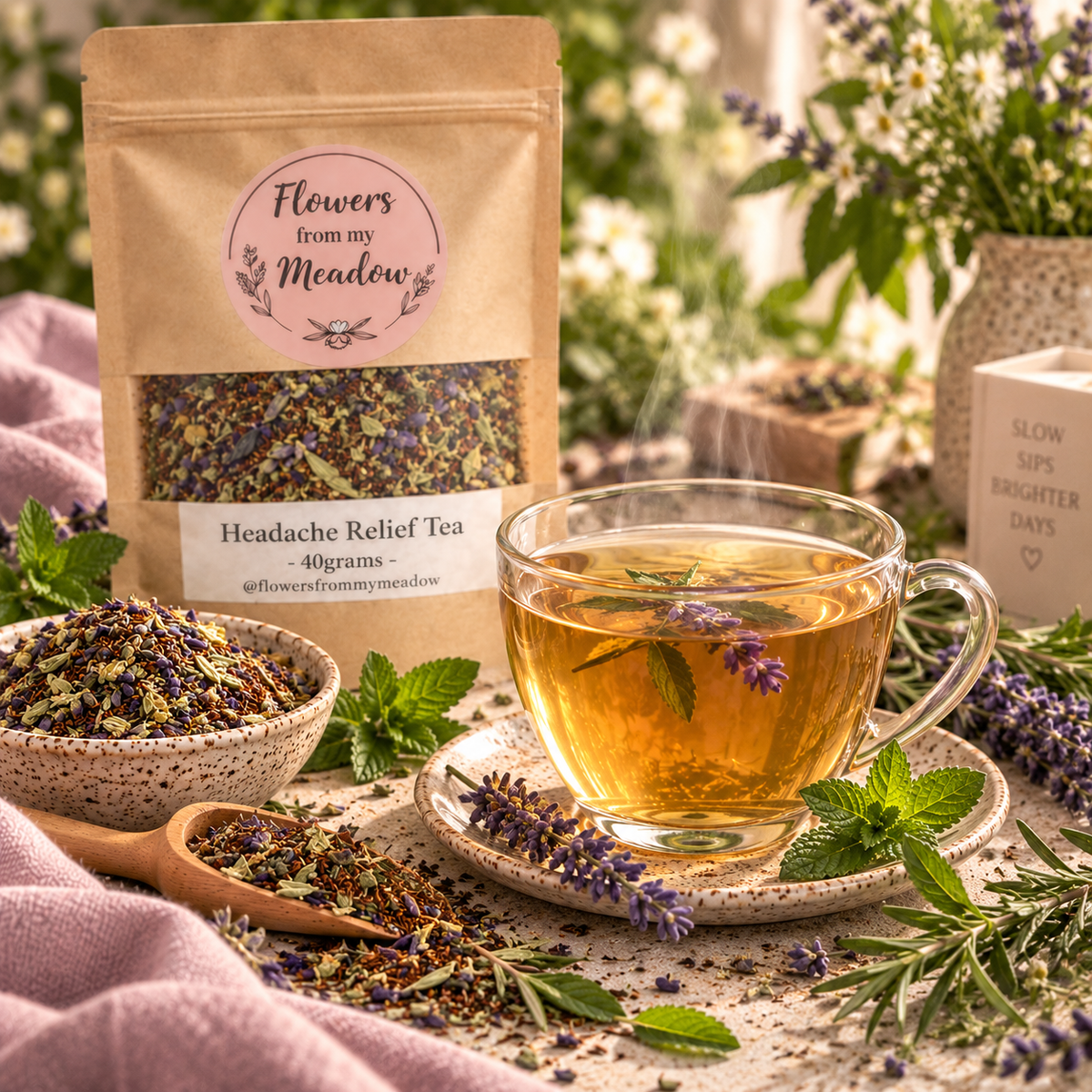 Freshly brewed Headache Relief Tea with rosemary, lavender, peppermint, lemon verbena and rooibos