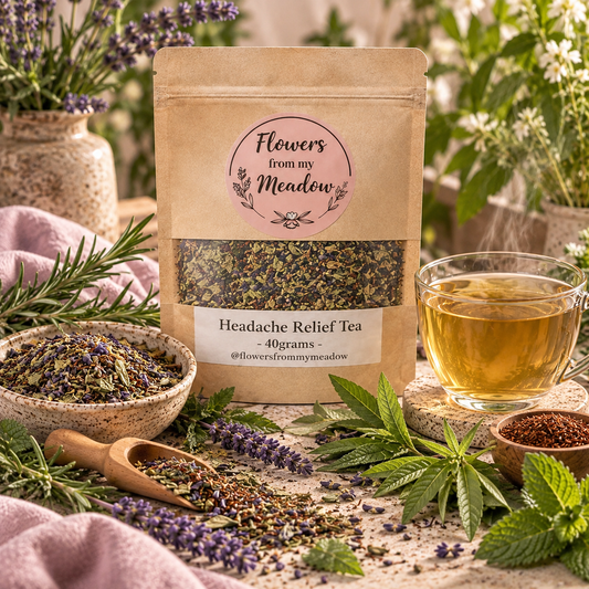 Headache Relief Tea herbal blend with rosemary, lavender, peppermint, lemon verbena and rooibos beside a warm cup of tea