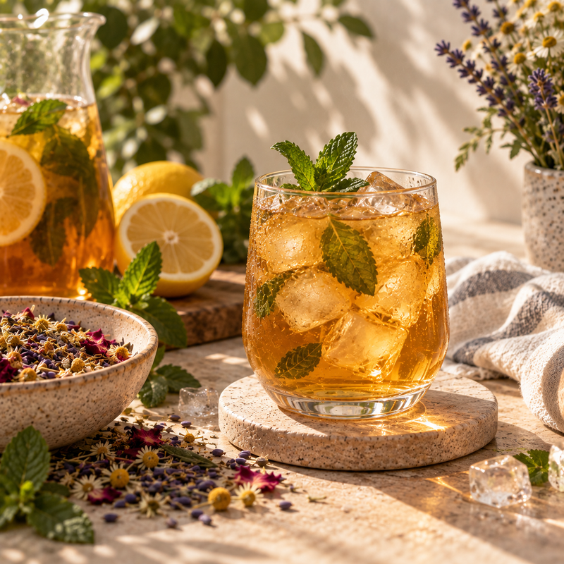 Headache Relief Tea served chilled over ice with fresh mint and lemon in a sunlit botanical setting