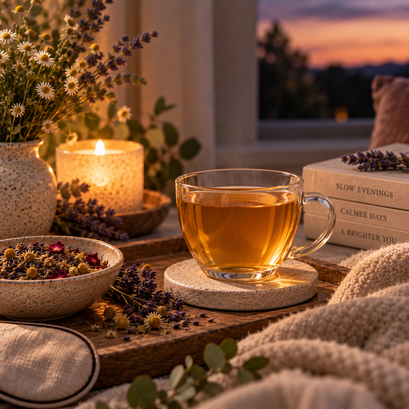 Strained Headache Relief Tea served warm by candlelight for a quiet evening wind-down ritual