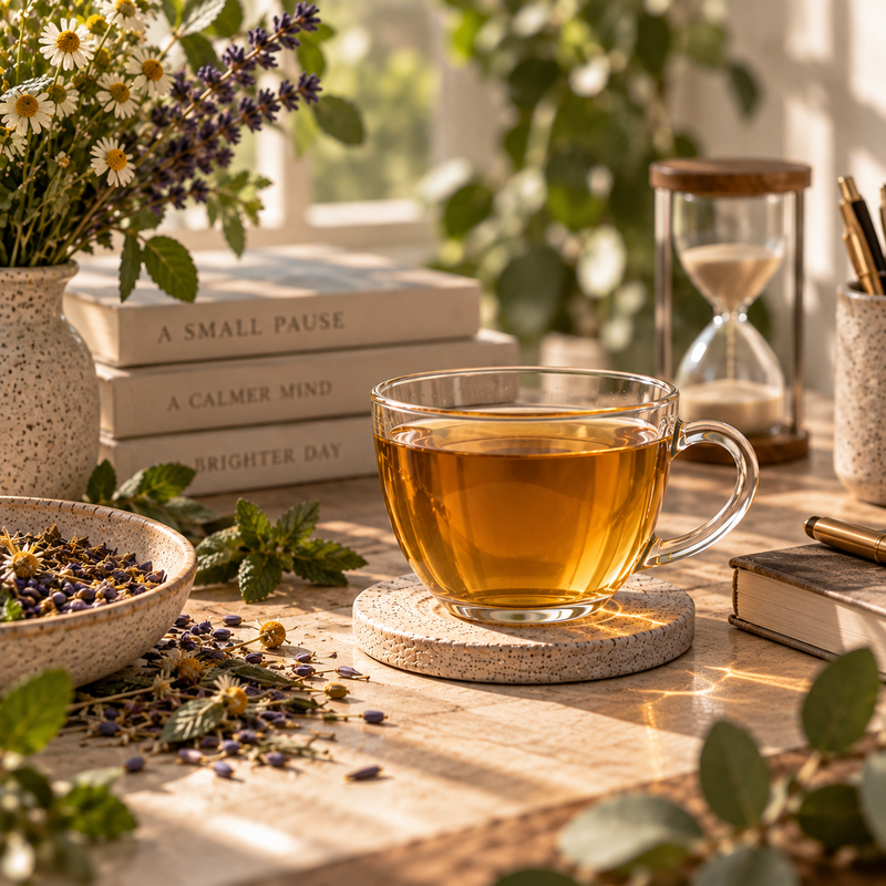 Strained Headache Relief Tea in a sunlit setting for a quiet pause in the day