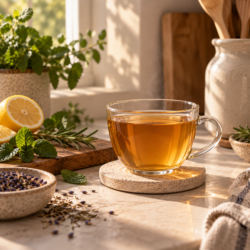 Strained Headache Relief Tea on a sunlit kitchen counter for a quiet morning tea ritual