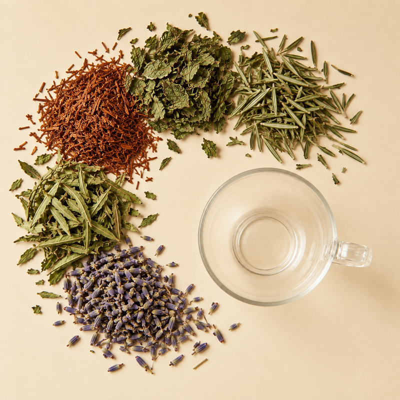 Headache Relief Tea dry botanicals with rooibos, peppermint, rosemary, lemon verbena and lavender beside an empty cup