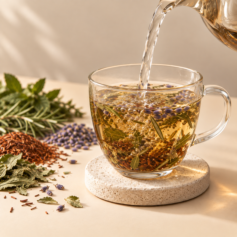 Freshly boiled water poured over Headache Relief Tea with rooibos, peppermint, rosemary, lemon verbena and lavender