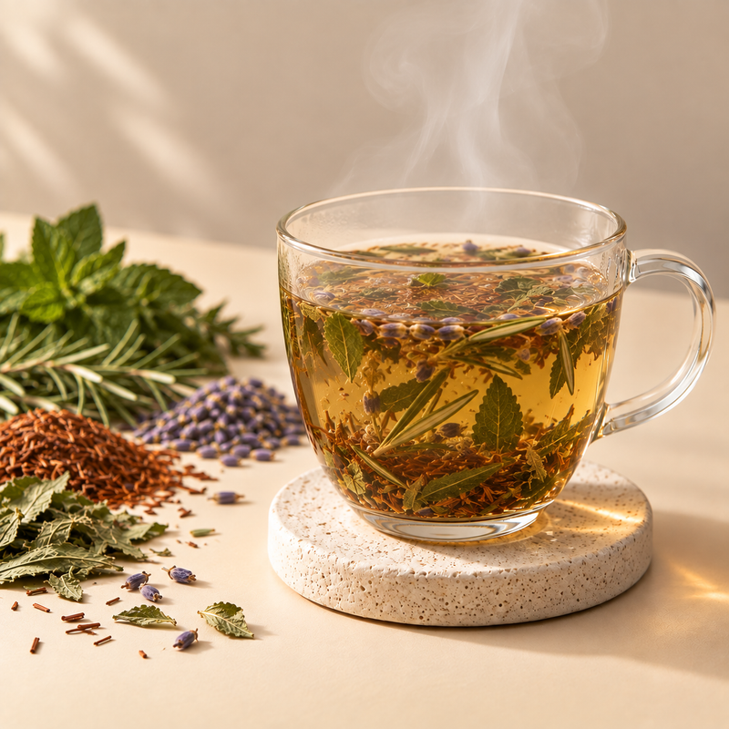 Headache Relief Tea steeping with rooibos, peppermint, rosemary, lemon verbena and lavender in a glass cup