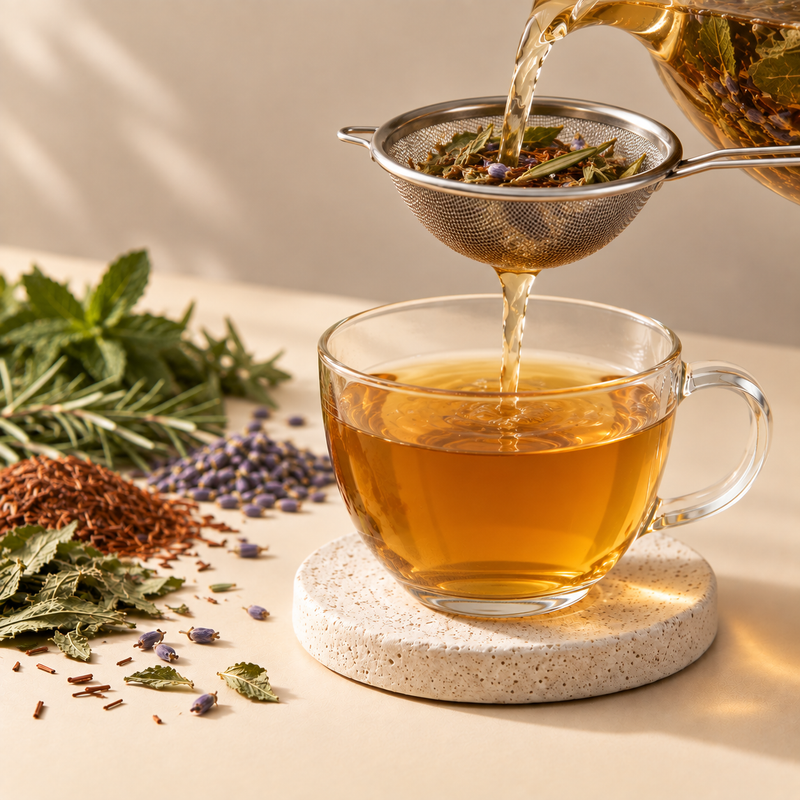 Headache Relief Tea strained into a glass cup with rooibos, peppermint, rosemary, lemon verbena and lavender