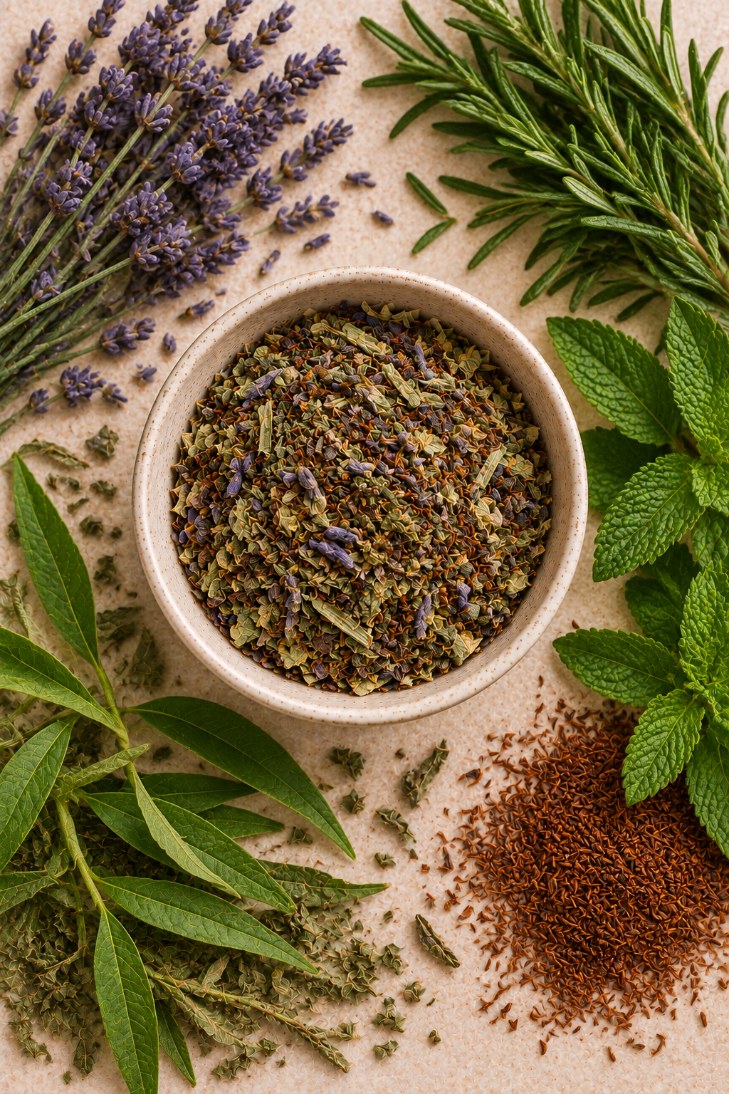 Headache Relief loose leaf tea surrounded by rosemary, lavender, lemon verbena, peppermint and rooibos botanicals