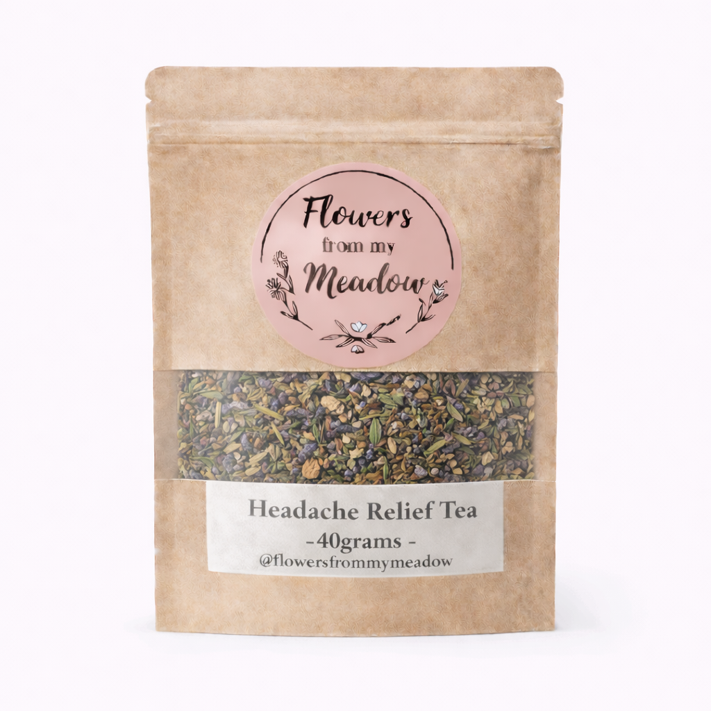Kraft paper packaging of headache relief tea with a label on a white background