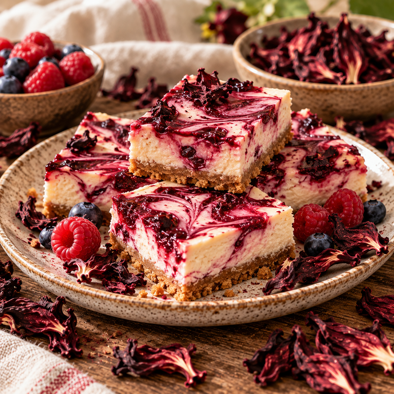 Hibiscus and berry swirl cheesecake bars with ruby-red botanical swirls, fresh berries and dried Hibiscus sabdariffa calyces