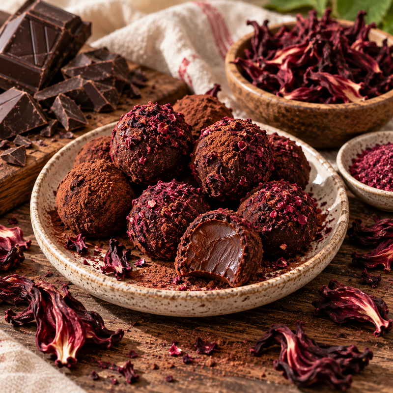 Hibiscus and dark chocolate truffles dusted with cocoa and finely ground dried Hibiscus sabdariffa calyces
