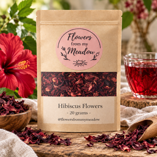 Hibiscus Flowers 20 g resealable kraft pouch with dried hibiscus petals and a vibrant ruby-red hibiscus infusion