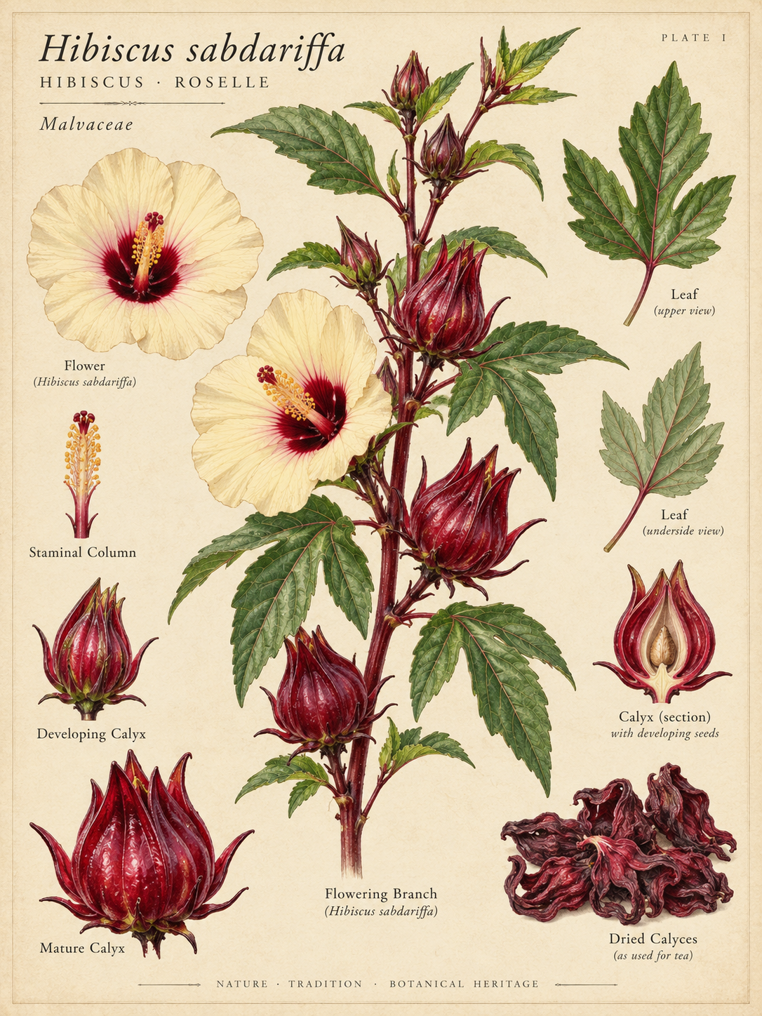 Vintage botanical profile of Hibiscus sabdariffa showing pale flowers, crimson calyces, lobed leaves, staminal column and dried hibiscus calyces