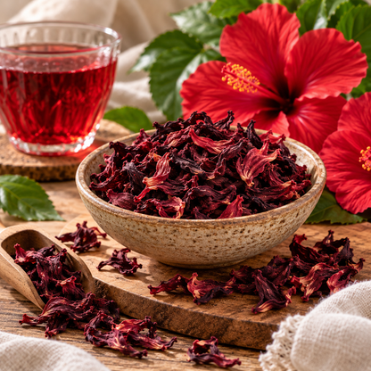 Dried Hibiscus Flowers in a ceramic bowl showing their naturally deep burgundy-red colour, styled with fresh hibiscus blooms