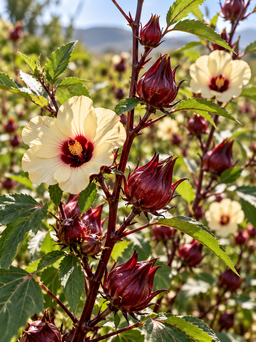 Hibiscus sabdariffa plant showing pale cream flowers with deep red centres, green leaves and developing crimson calyces