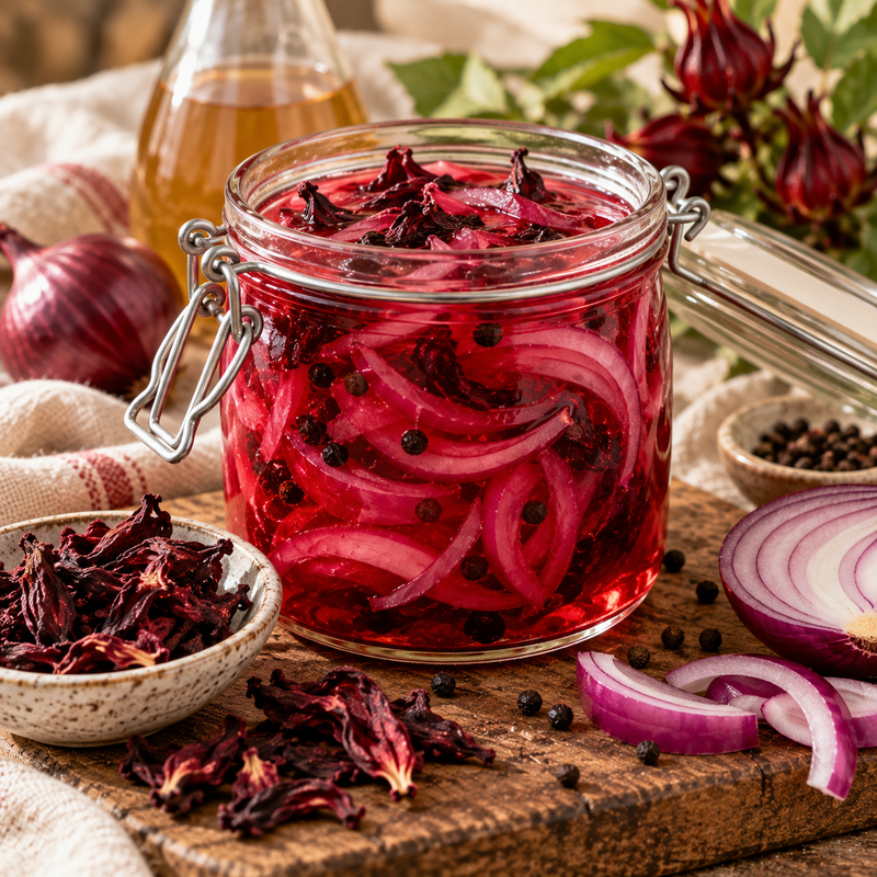 Hibiscus pickled red onions in a glass jar with dried Hibiscus sabdariffa calyces and black peppercorns