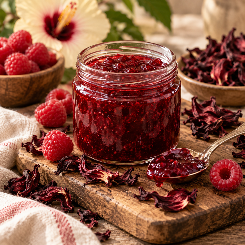 Hibiscus and raspberry jam with fresh raspberries and dried Hibiscus sabdariffa calyces