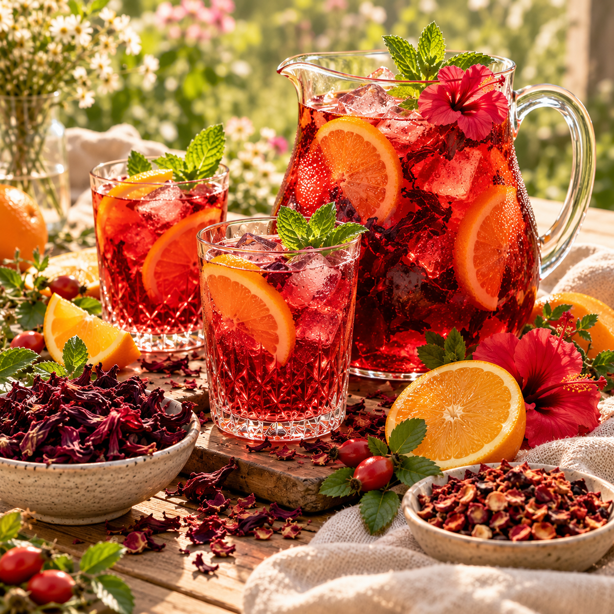 Ruby Hibiscus and Rosehip iced tea with fresh orange, mint and ice