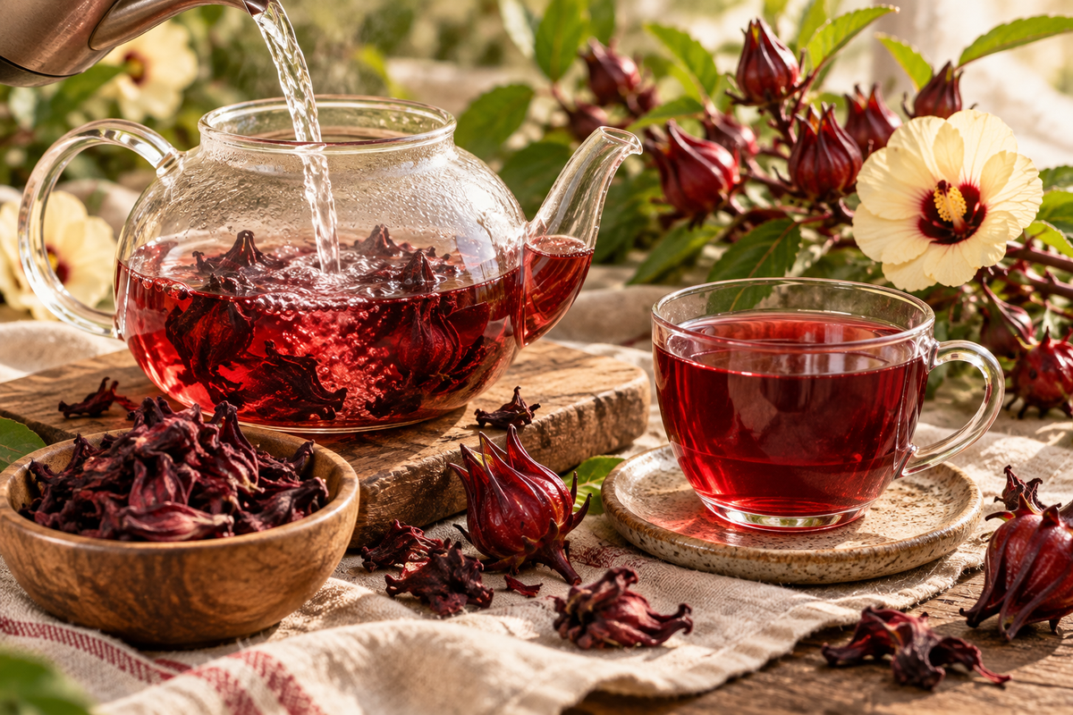 Hibiscus tea preparation with dried Hibiscus sabdariffa calyces steeping in a glass teapot and a vibrant ruby-red infusion