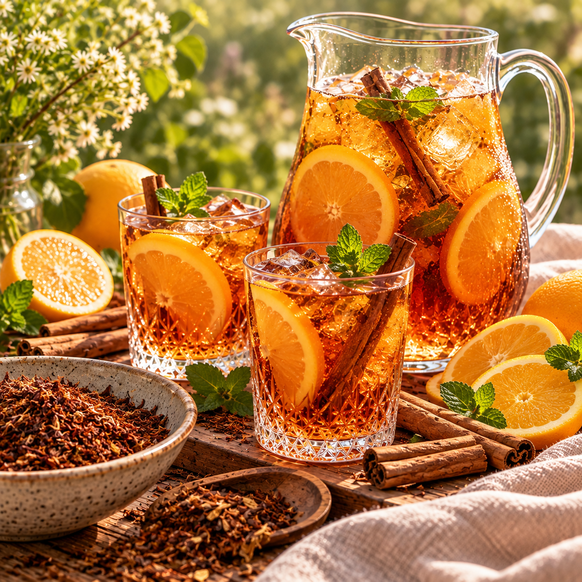 Honeybush iced tea with fresh orange, cinnamon sticks, mint and ice