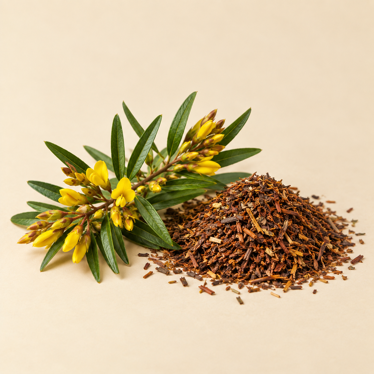 Fresh flowering Honeybush Cyclopia with dried leaves and stems used for Honeybush Tea