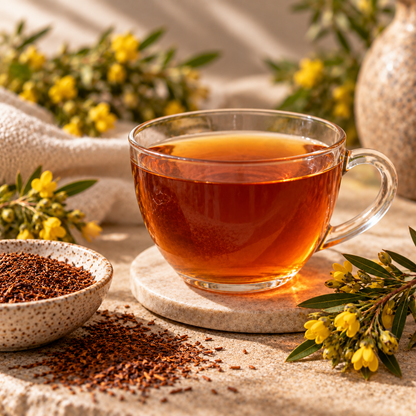 Golden amber Honeybush tea infusion in a clear glass cup with loose honeybush and yellow flowers