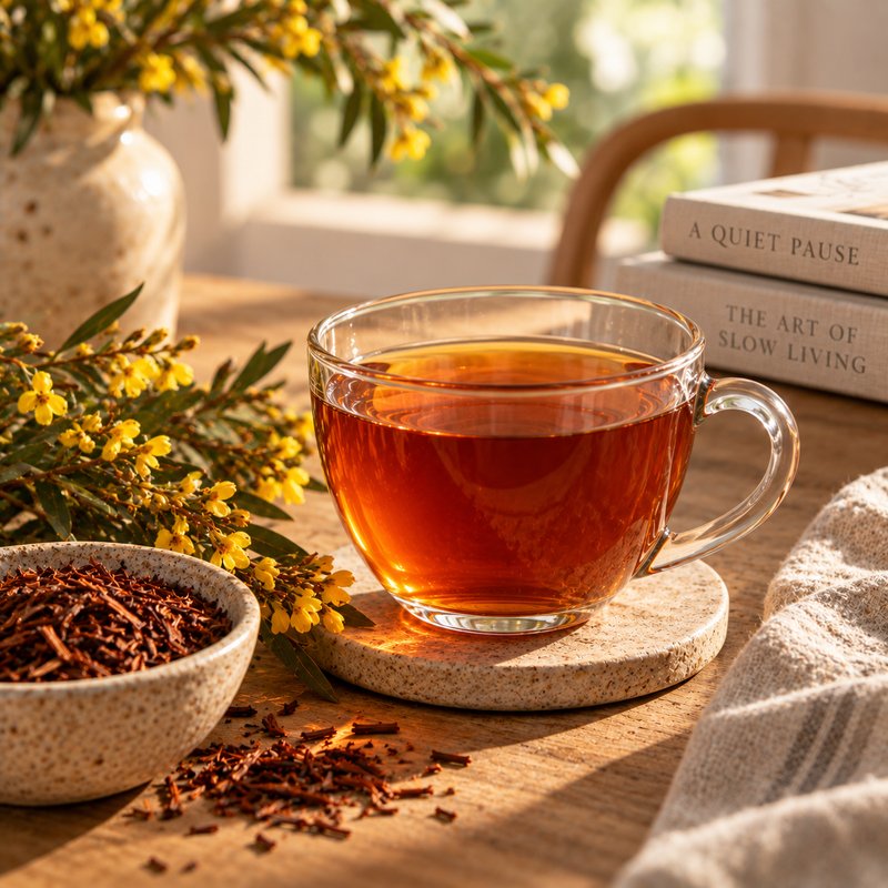 Strained Honeybush Tea with yellow Honeybush flowers in a warm sunlit setting for a quiet afternoon pause