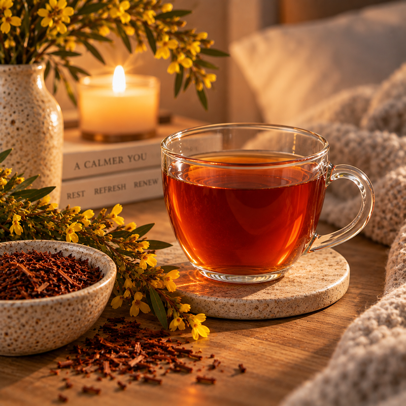 Strained Honeybush Tea with yellow Honeybush flowers and candlelight for a warm caffeine-free evening tea ritual
