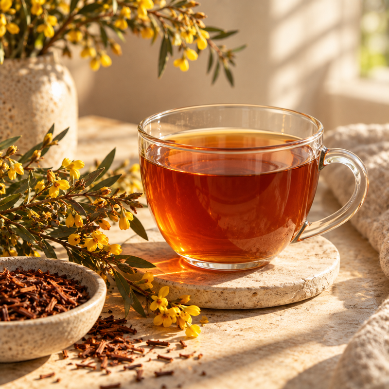 Strained Honeybush Tea with yellow Honeybush flowers in warm morning sunlight