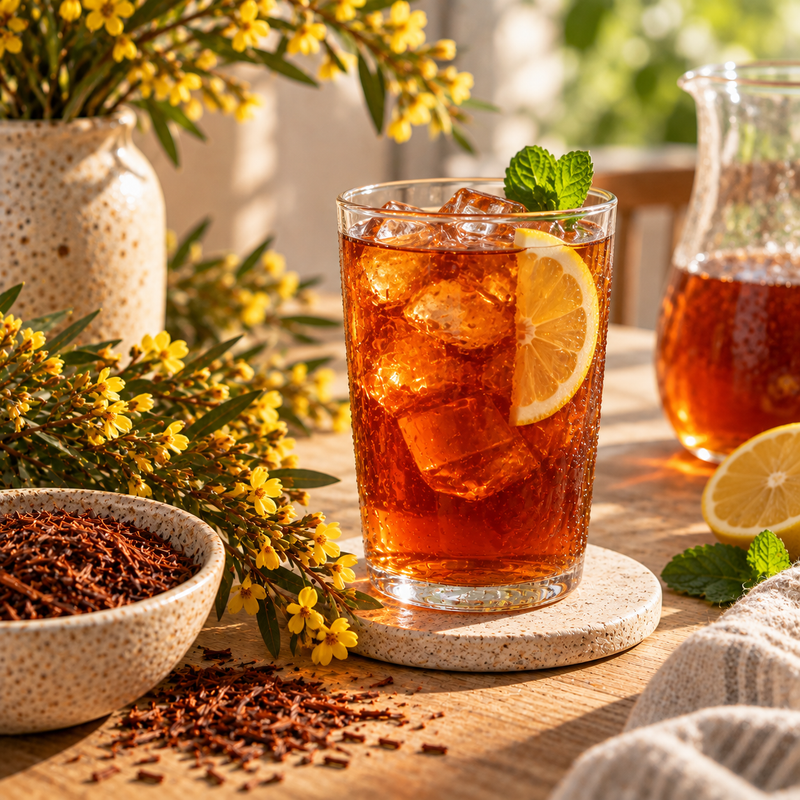 Iced Honeybush Tea with lemon and fresh mint in a warm sunlit botanical setting
