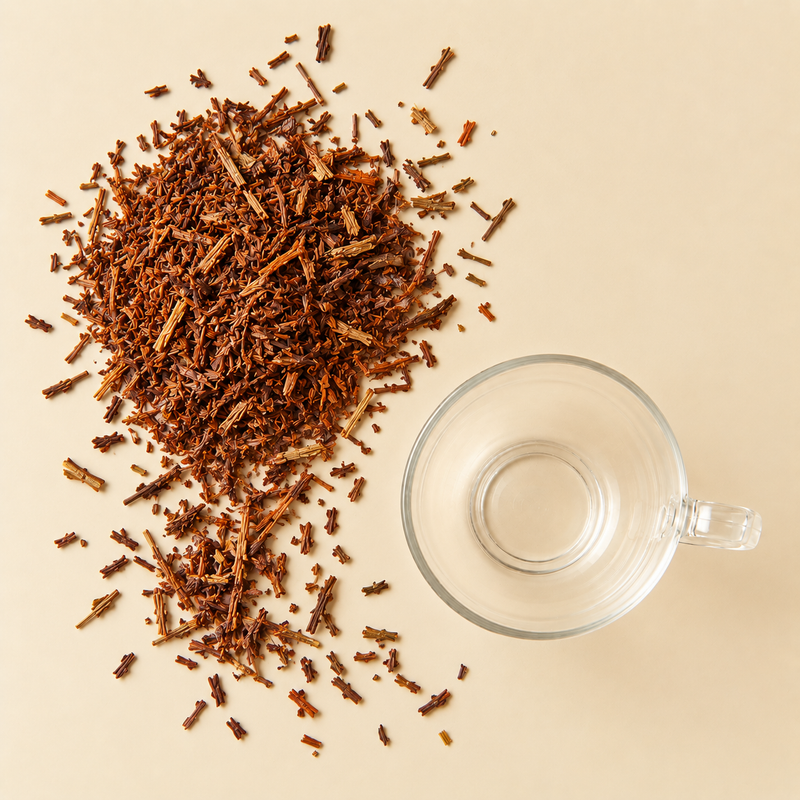 Loose dried Honeybush leaves and stems beside an empty glass cup before brewing