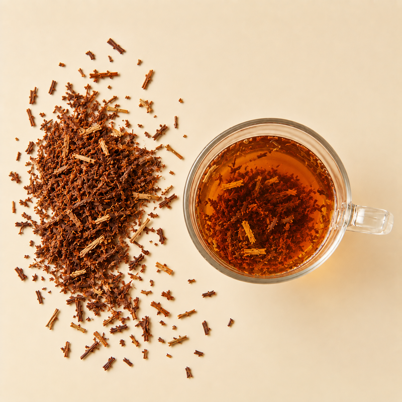 Honeybush Tea steeping in a clear glass cup as the leaves and stems release their amber-red colour
