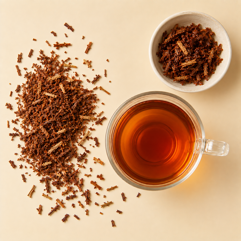 Strained Honeybush Tea in a clear glass cup with dry and steeped Honeybush leaves and stems