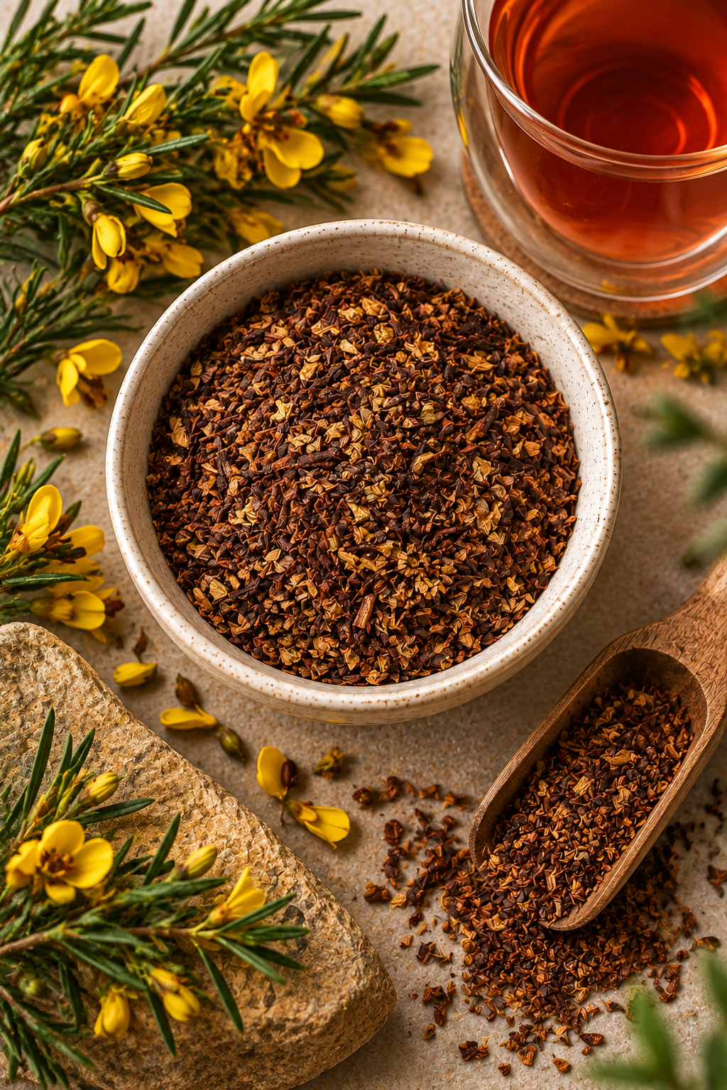 Pure Honeybush loose leaf tea surrounded by yellow Honeybush flowers with a warm amber herbal infusion
