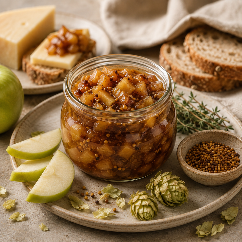 Hops apple and mustard chutney with green apple, mustard seeds and dried Hops Flowers