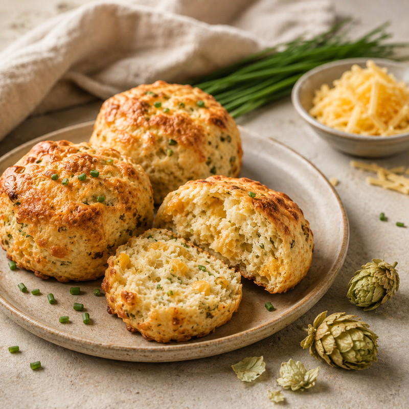 Golden mature cheddar and Hops Flower savoury scones with fresh chives and dried hop cones