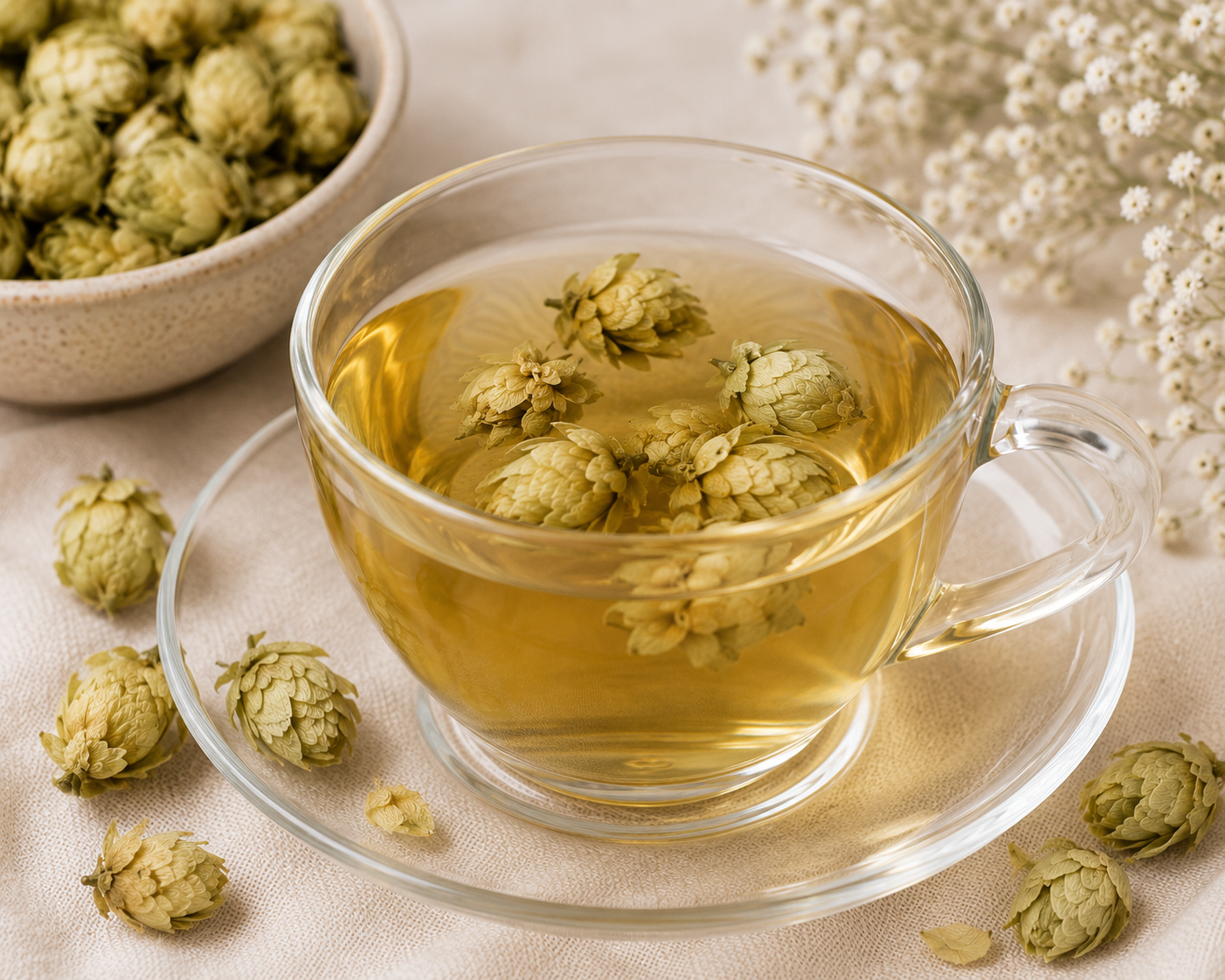 Hops Flower herbal tea infusion in a clear glass cup with dried hop flowers