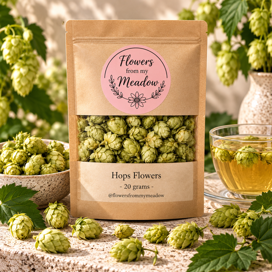 Hops Flowers 20 g resealable kraft pouch filled with dried green hop cones, styled with fresh hops, leafy vines and a golden botanical infusion