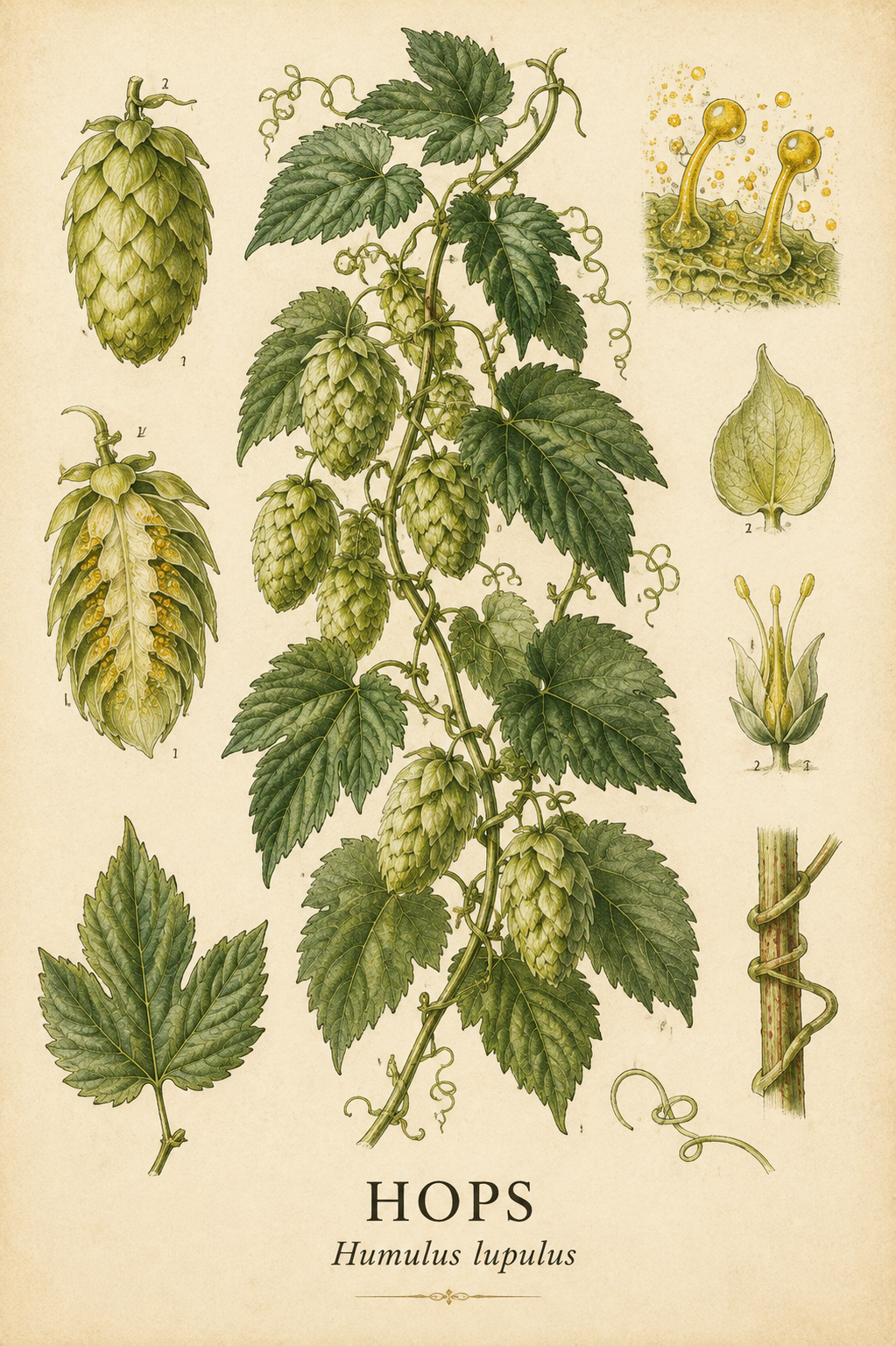 Vintage botanical profile of Hops showing Humulus lupulus climbing vine, green hop cones, serrated leaves, lupulin glands and flower structure