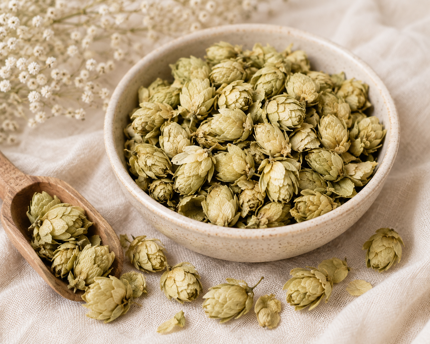 Dried Hops Flowers in a ceramic bowl showing pale green whole hop cones