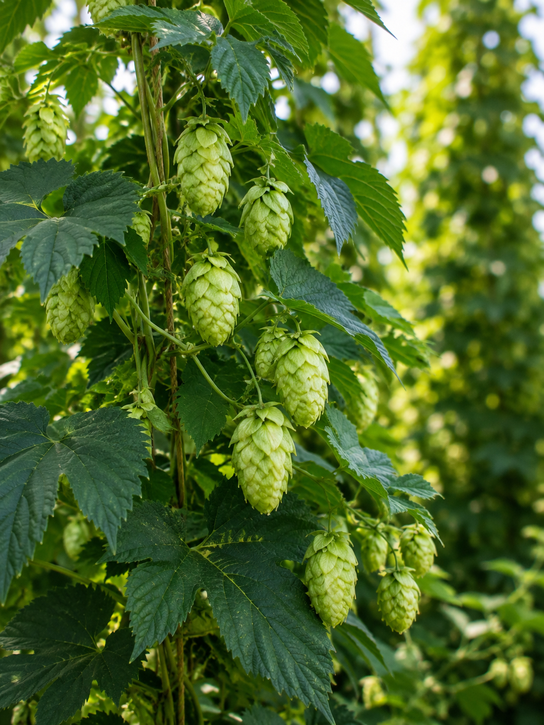 Fresh green Hops Flowers growing on a Humulus lupulus climbing vine among serrated green leaves