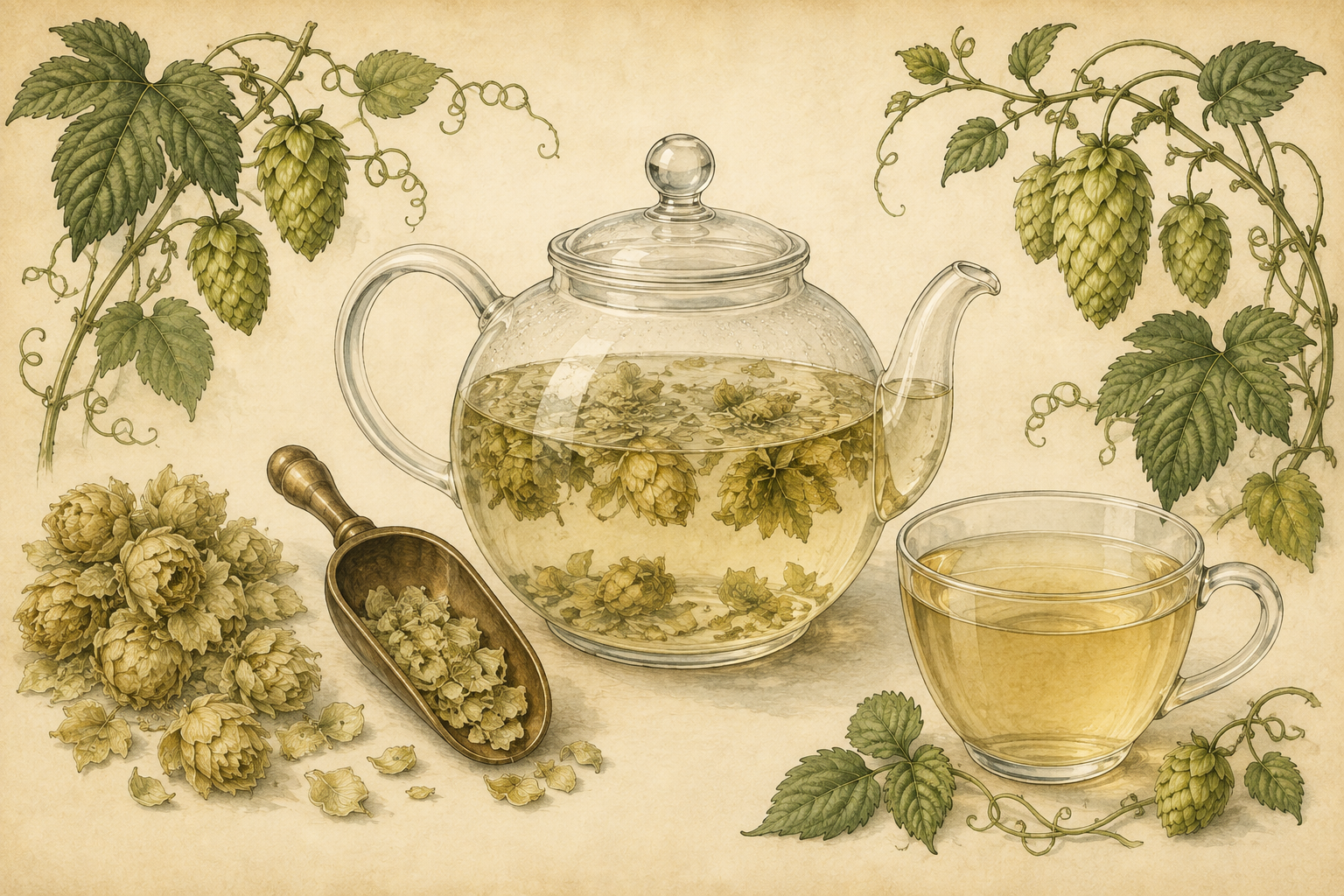 Vintage botanical illustration showing dried Hops Flowers, measured hops, green hop cones steeping in a clear glass teapot and a finished golden hops infusion